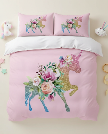 pink glitter silhouette unicorn bedding - flat-lay