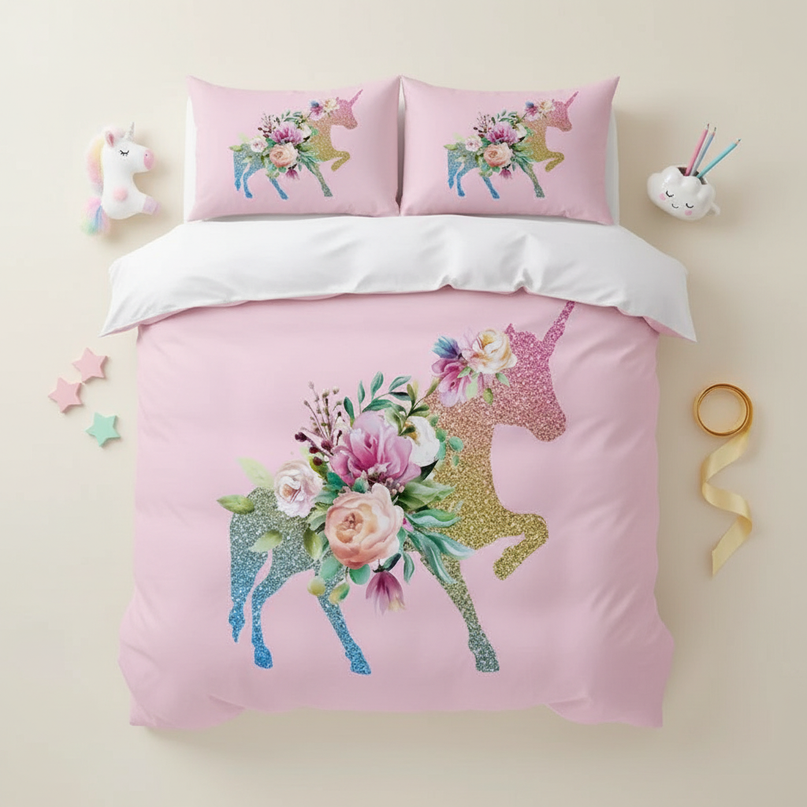 pink glitter silhouette unicorn bedding - flat-lay