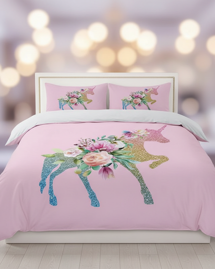 pink glitter silhouette unicorn bedding - lifestyle