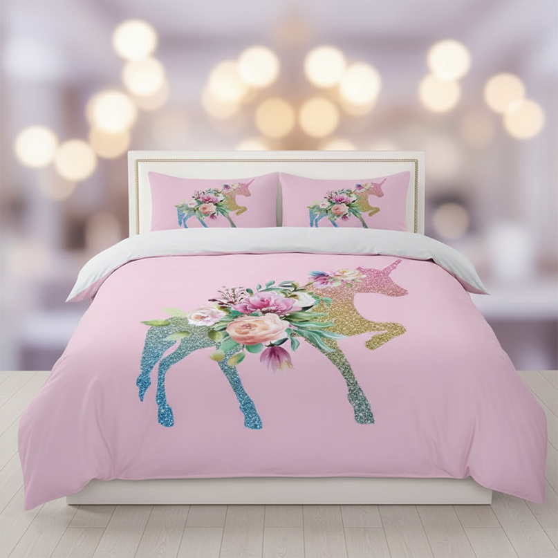 pink glitter silhouette unicorn bedding - lifestyle