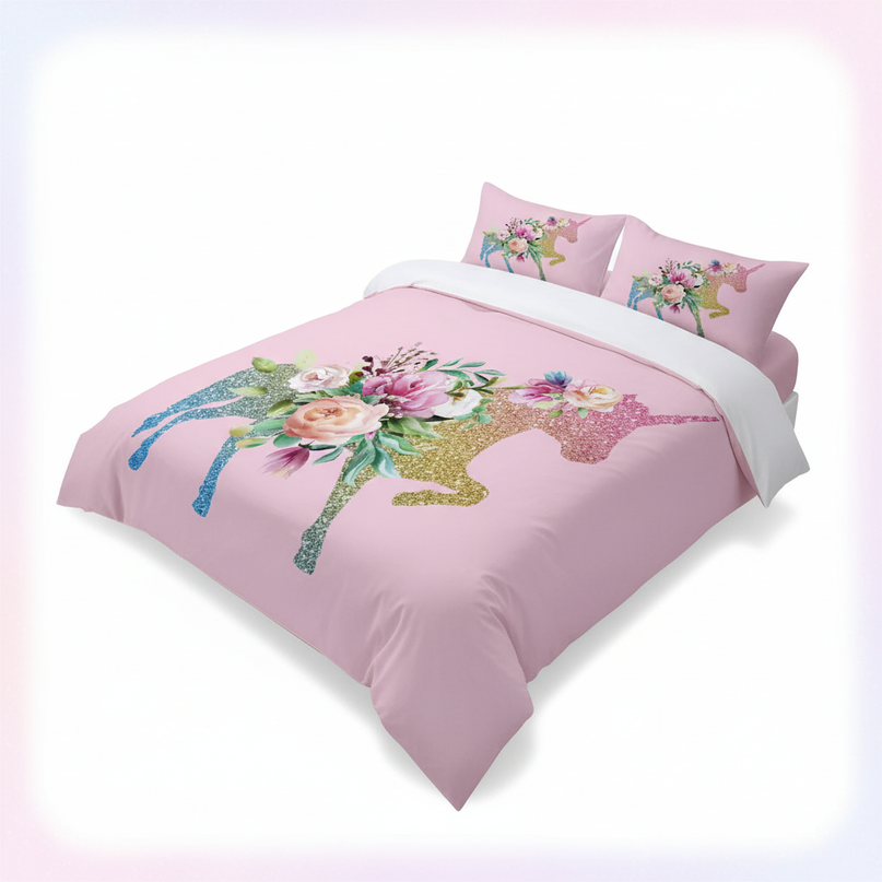 pink glitter silhouette unicorn bedding - white-bg