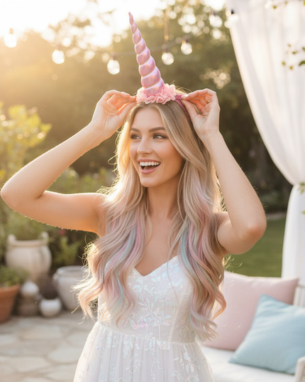 pink glitter unicorn horn headband - in-use