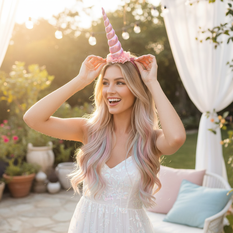 pink glitter unicorn horn headband - in-use