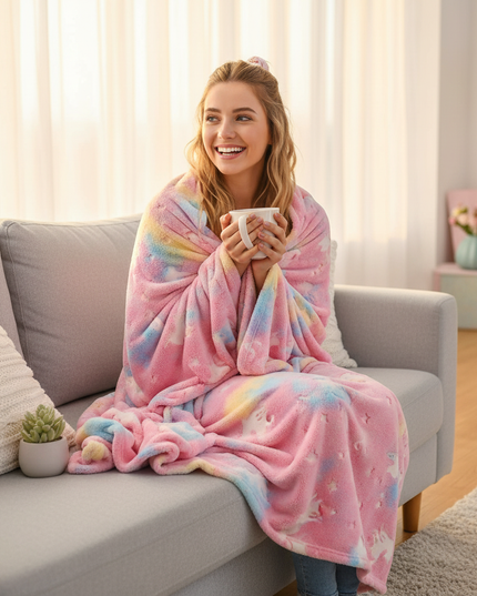 pink glow unicorn blanket - in-use