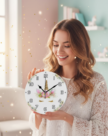 pink gold unicorn wall clock - in-use