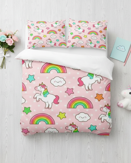 pink happy cloud unicorn bedding - flat-lay