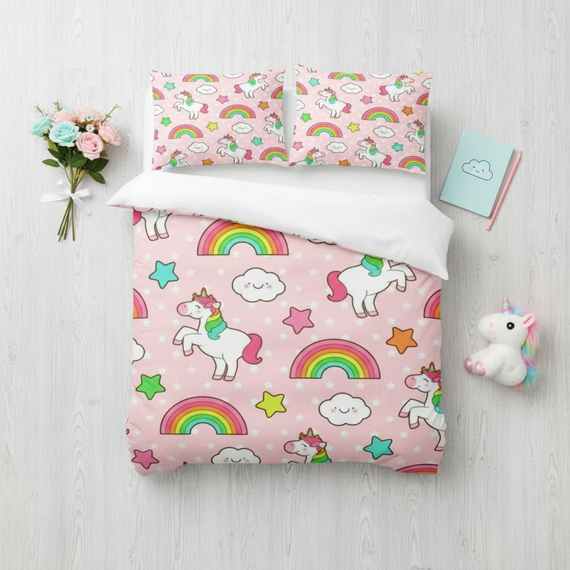 pink happy cloud unicorn bedding - flat-lay