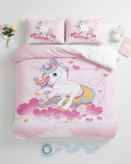 pink heart cloud unicorn bedding - flat-lay