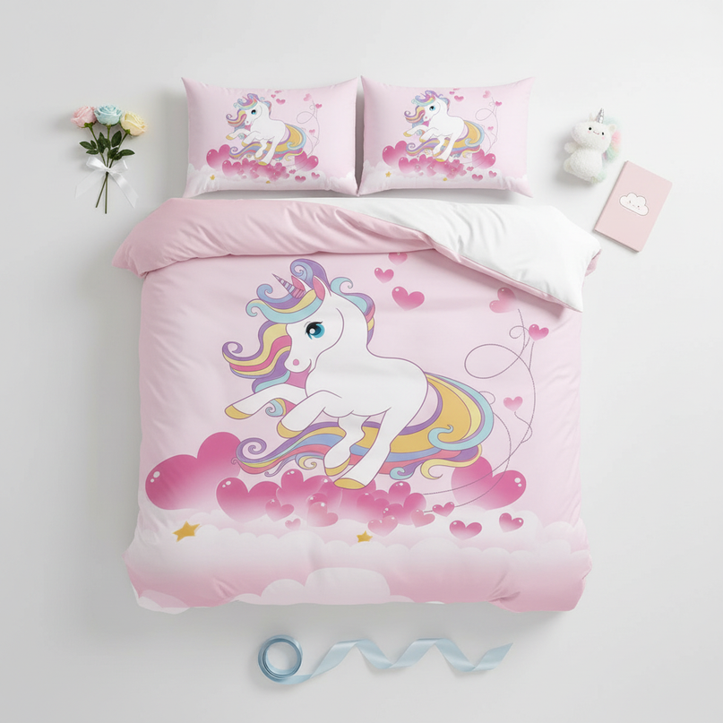 pink heart cloud unicorn bedding - flat-lay