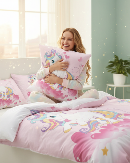pink heart cloud unicorn bedding - in-use