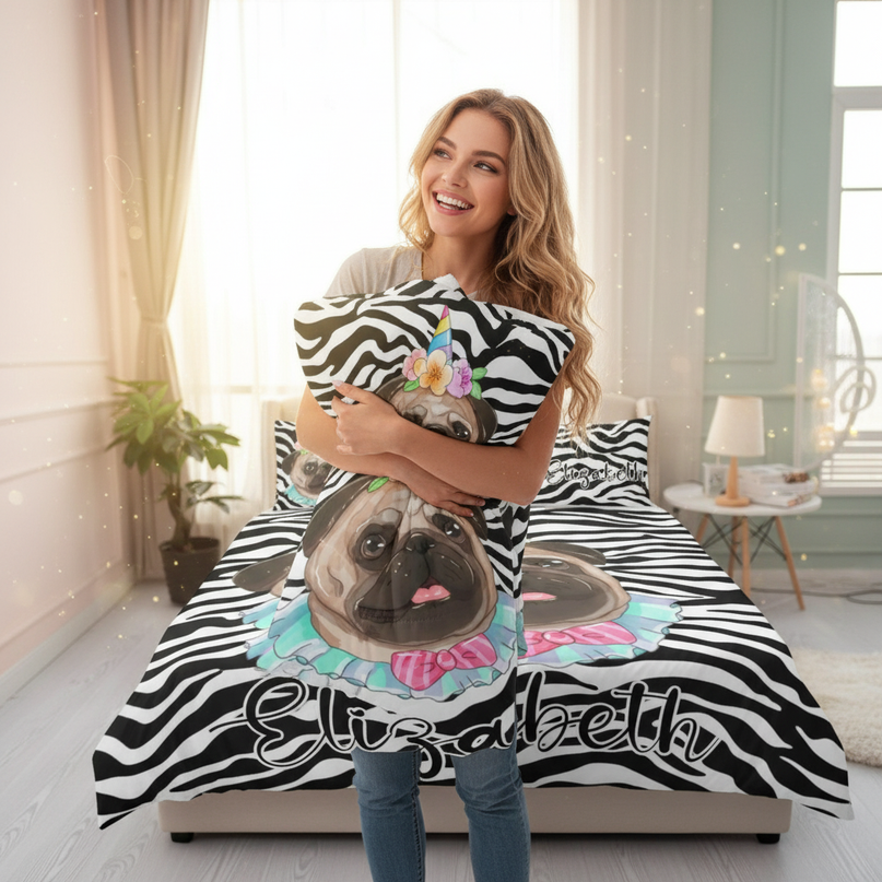 pink heart wings stripe unicorn bedding - in-use