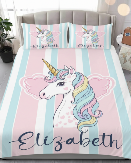 pink heart wings stripe unicorn bedding - lifestyle