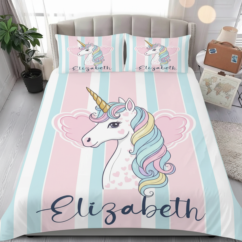 pink heart wings stripe unicorn bedding - lifestyle