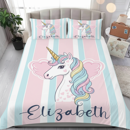pink heart wings stripe unicorn bedding - lifestyle