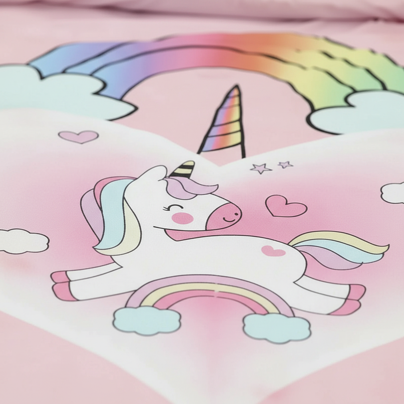 pink hello heart unicorn bedding - detail