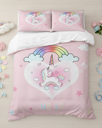 pink hello heart unicorn bedding - flat-lay