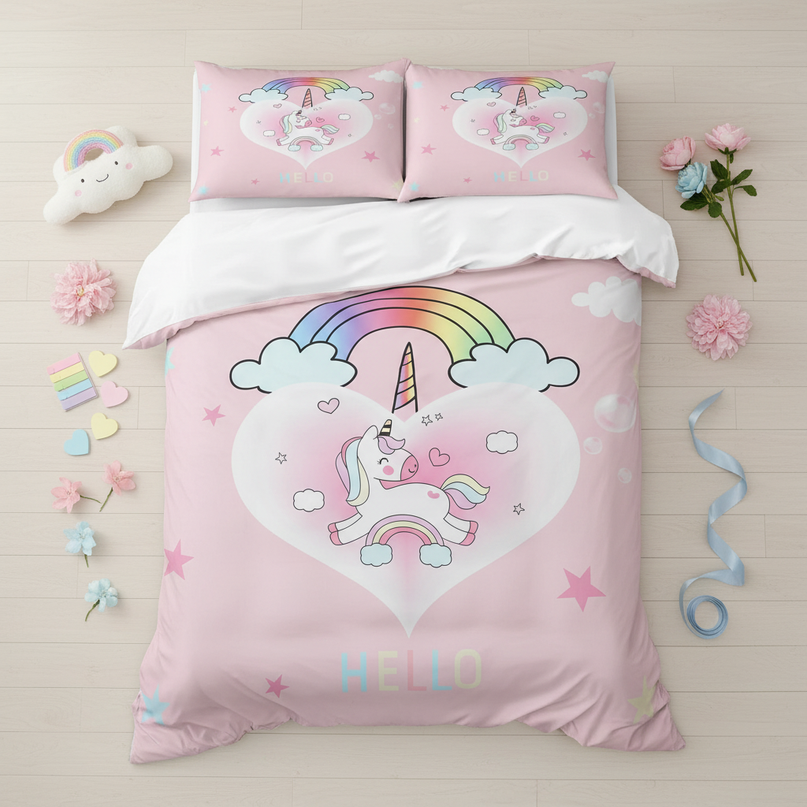 pink hello heart unicorn bedding - flat-lay