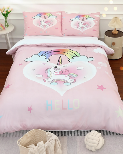 pink hello heart unicorn bedding - lifestyle