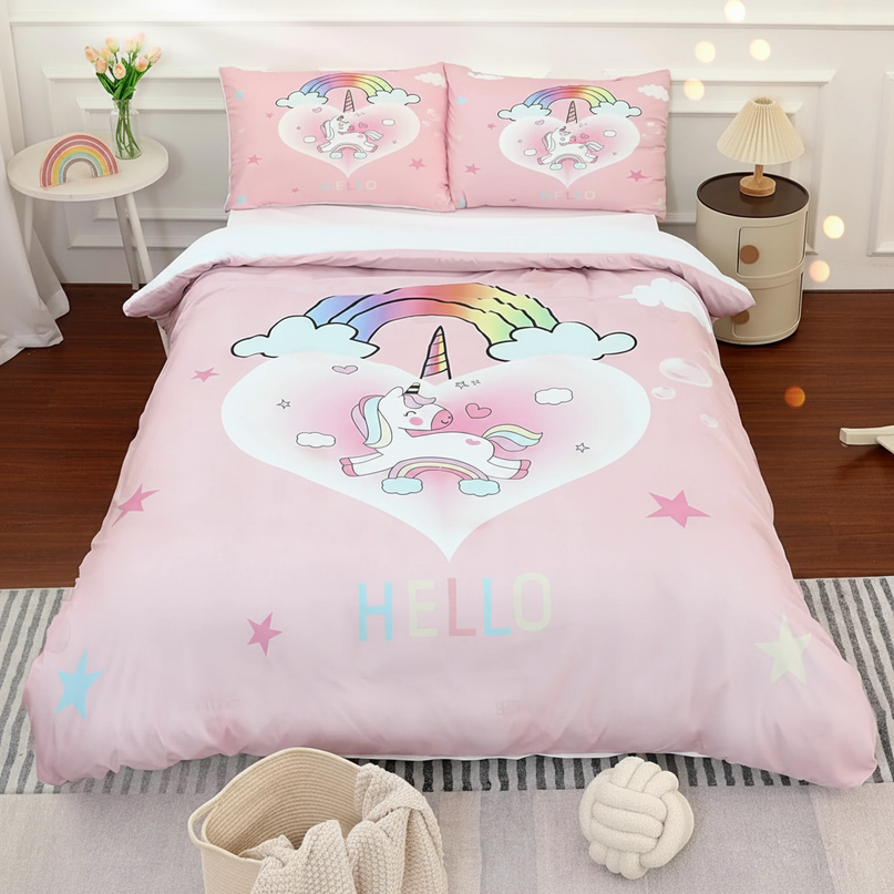 pink hello heart unicorn bedding - lifestyle