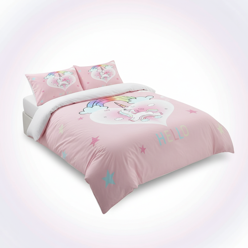 pink hello heart unicorn bedding - white-bg