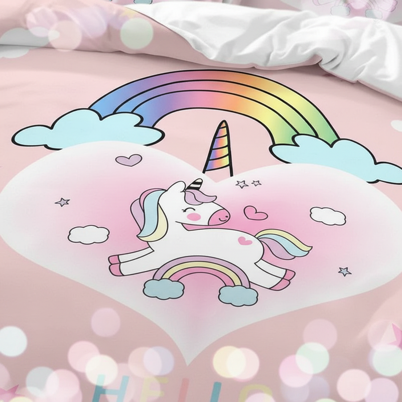 pink hello star unicorn bedding - detail