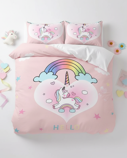 pink hello star unicorn bedding - flat-lay
