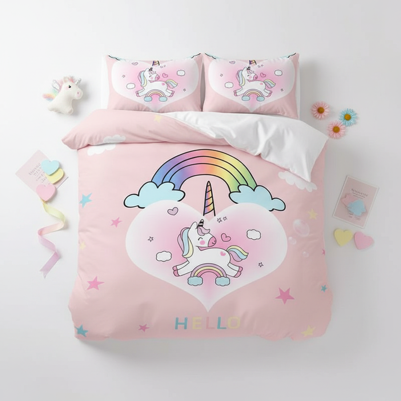 pink hello star unicorn bedding - flat-lay