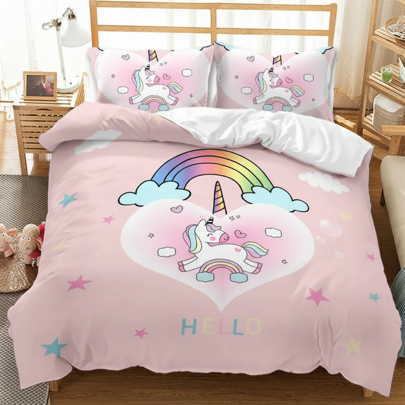 pink hello star unicorn bedding - lifestyle
