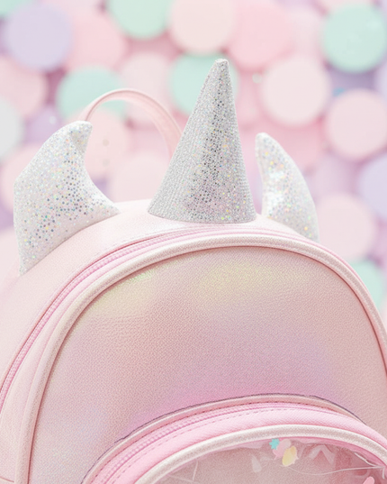 pink iridescent unicorn backpack - detail