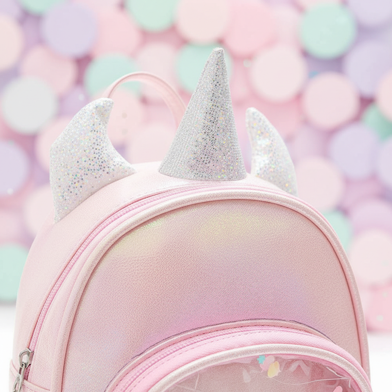 pink iridescent unicorn backpack - detail