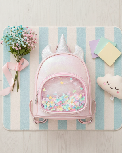 pink iridescent unicorn backpack - flat-lay