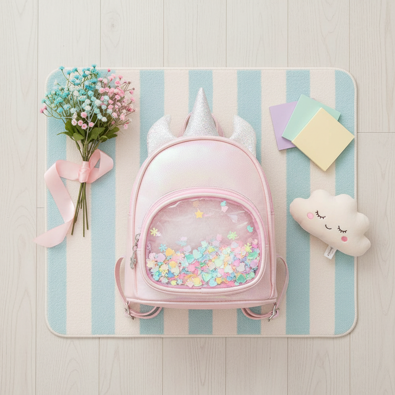 pink iridescent unicorn backpack - flat-lay