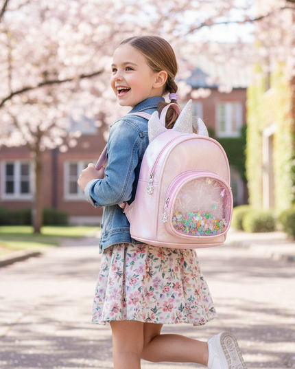 pink iridescent unicorn backpack - in-use