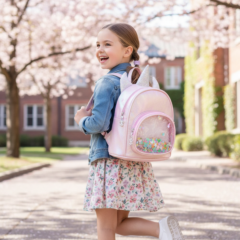 pink iridescent unicorn backpack - in-use