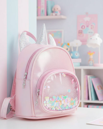 pink iridescent unicorn backpack - lifestyle