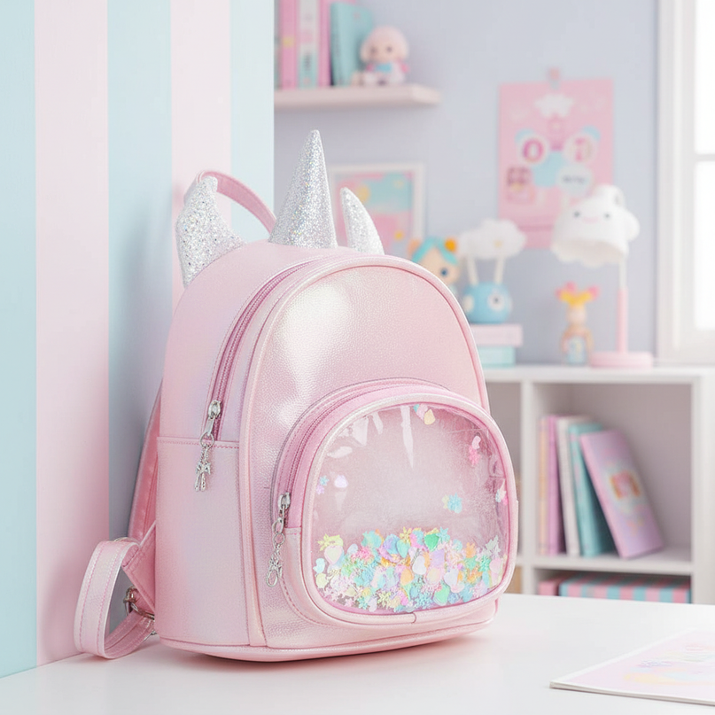 pink iridescent unicorn backpack - lifestyle