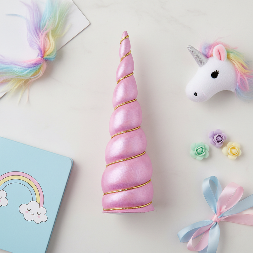 pink iridescent unicorn horn - flat-lay