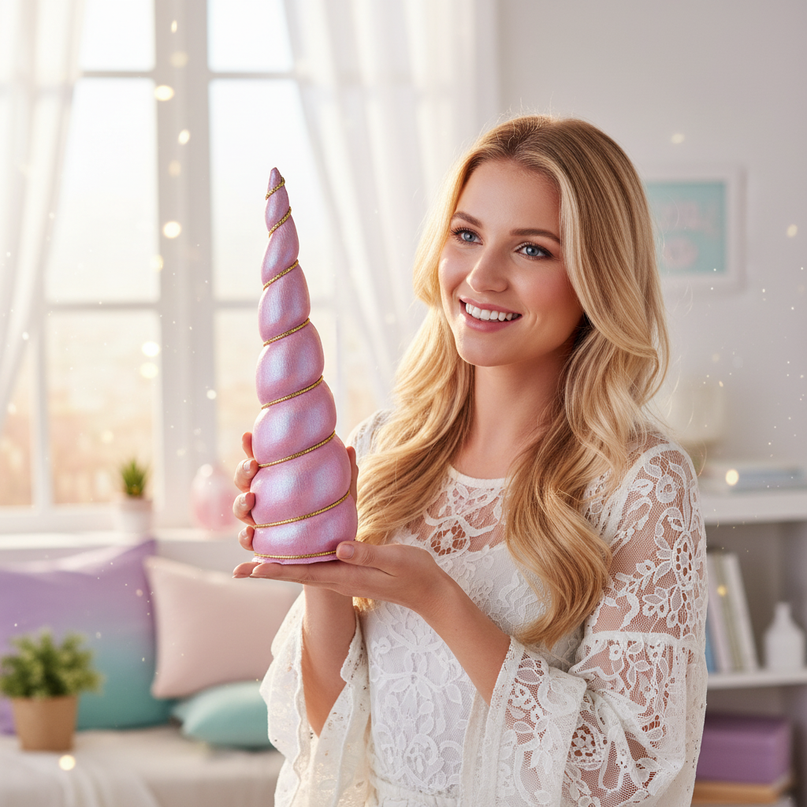 pink iridescent unicorn horn - in-use