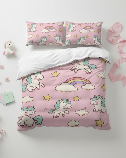 pink kawaii allover unicorn bedding - flat-lay