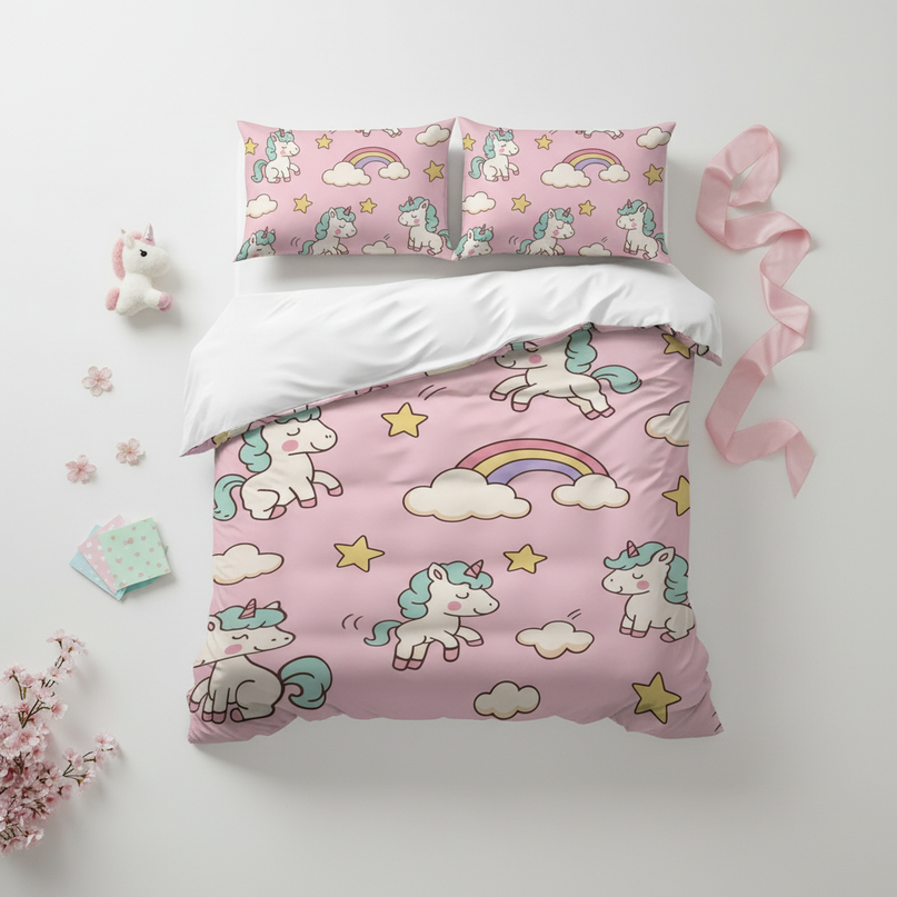 pink kawaii allover unicorn bedding - flat-lay