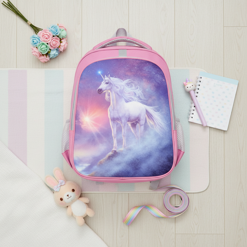 pink kawaii unicorn school backpack - flat-lay