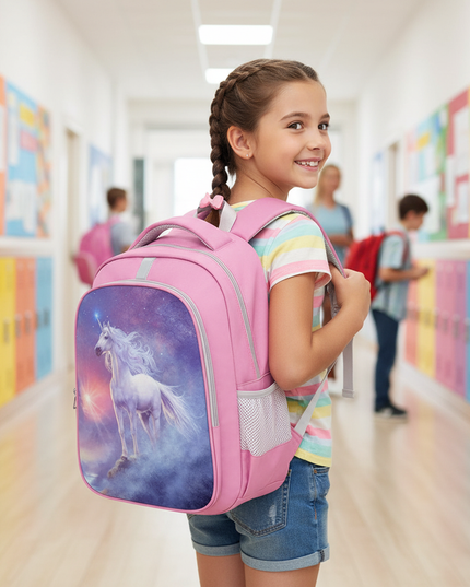 pink kawaii unicorn school backpack - in-use