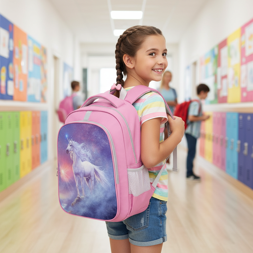 pink kawaii unicorn school backpack - in-use