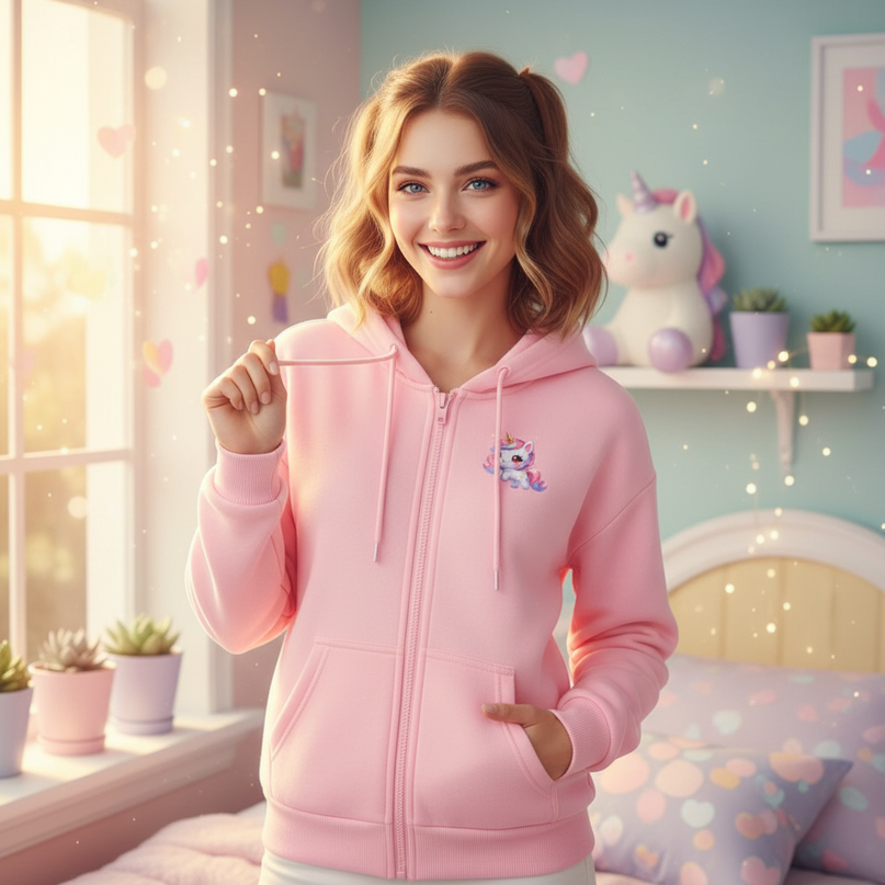 pink kawaii zip hoodie - in-use