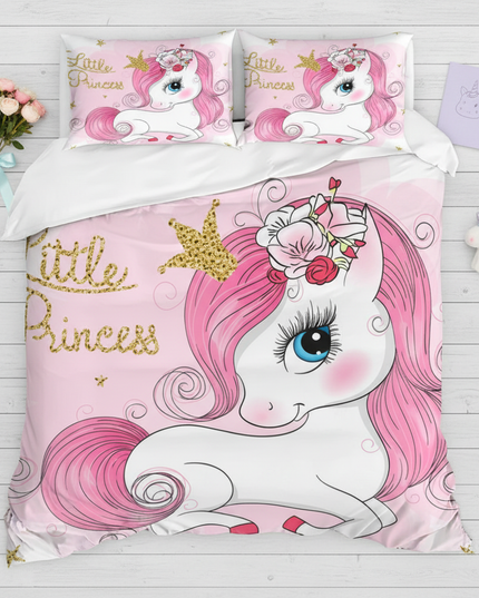 pink little princess unicorn bedding - flat-lay