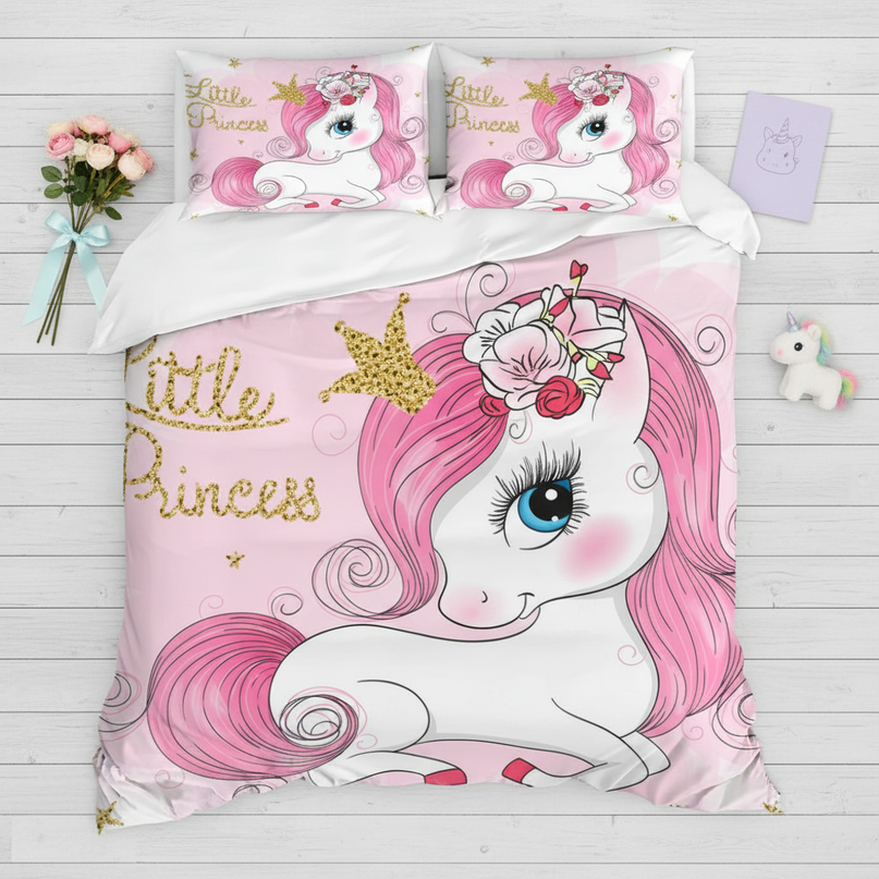 pink little princess unicorn bedding - flat-lay