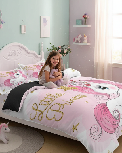 pink little princess unicorn bedding - in-use