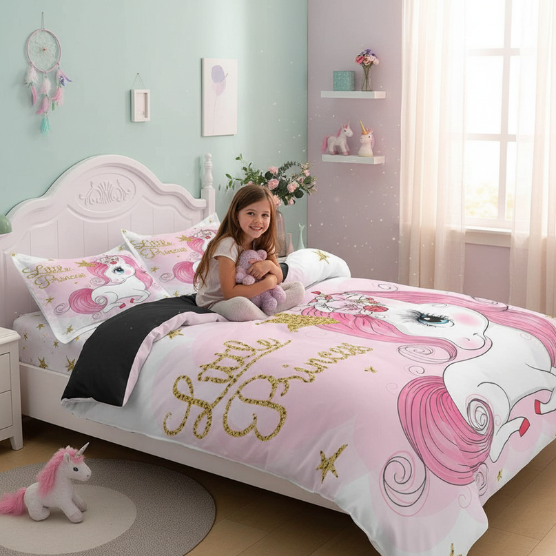pink little princess unicorn bedding - in-use