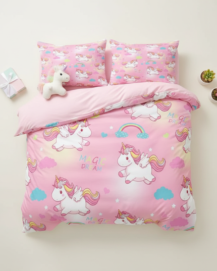 pink magic dream unicorn bedding - flat-lay