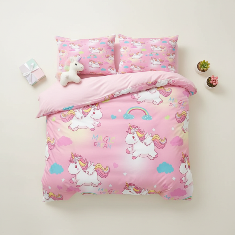 pink magic dream unicorn bedding - flat-lay
